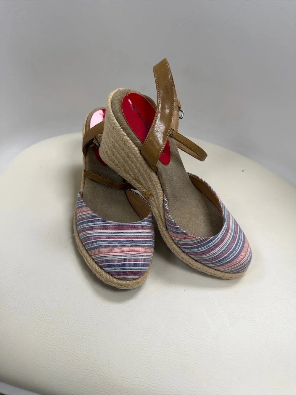 Classic Bandolino Striped Canvas Espadrille Wedges in Navy, White, Pink